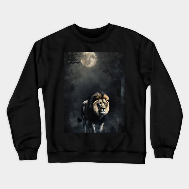 Lion in the Dark Foggy Forest Vintage Art Crewneck Sweatshirt by Art-Jiyuu